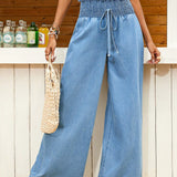 VCAY Pantalones Jeans anchos y de pierna ancha, de cintura alta y sueltos, casuales, para mujeres de color azul