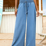 VCAY Pantalones Jeans anchos y de pierna ancha, de cintura alta y sueltos, casuales, para mujeres de color azul