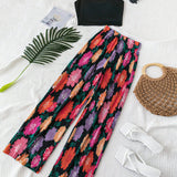 WYWH Conjunto de top halter estampado de flores con bloque de color y pantalones anchos plisados con estilo de vacaciones