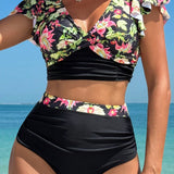 Swim Lushore Conjunto de tankini con estampado floral y empalme con volantes para mujer para vacaciones en la playa