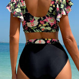 Swim Lushore Conjunto de tankini con estampado floral y empalme con volantes para mujer para vacaciones en la playa