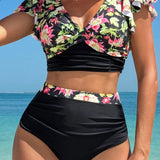 Swim Lushore Conjunto de tankini con estampado floral y empalme con volantes para mujer para vacaciones en la playa