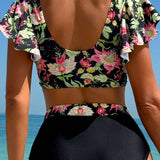 Swim Lushore Conjunto de tankini con estampado floral y empalme con volantes para mujer para vacaciones en la playa