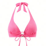 Swim Bikini con cuello halter y diseno acanalado en unicolor