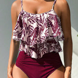 Swim Lushore Conjunto de Tankini con ribete de volantes en capas con estampado de plantas para vacaciones de verano en la playa