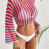 Swim Vcay Top de cubierta transparente de manga larga y cuello redondo para mujer con bloque de color