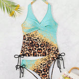 Swim Lushore Traje de bano de dos piezas para mujer con diseno de estampado de leopardo en bloques de color y cuello halter, ideal para vacaciones o playa