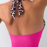 Swim Traje de bano de concha dura y estampado de leopardo para mujeres con soporte de aro y correa para el cuello para vacaciones en la playa
