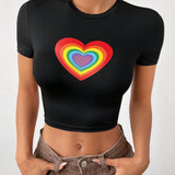 Camiseta corta de verano para mujer con mangas recortadas, forma de corazon arcoiris y corte ajustado