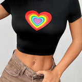 Camiseta corta de verano para mujer con mangas recortadas, forma de corazon arcoiris y corte ajustado