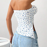 EZwear Top Brasier sin tirantes de flores diminutas azules y blancas con abertura lateral individual para mujer
