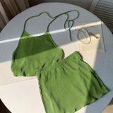 EZwear Conjunto de dos piezas para verano, top corto de halter para mujeres con pliegues tejidos verdes y mini falda