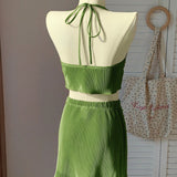 EZwear Conjunto de dos piezas para verano, top corto de halter para mujeres con pliegues tejidos verdes y mini falda