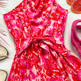 WYWH Vestido rojo rosado con estampado de flores de taforma A de hombro con cintura recogida para vacaciones de verano y dias de campo para mujeres