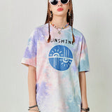 Neu Camiseta casual de manga corta, cuello redondo y hombros descubiertos para mujer, con estampado de tie-dye y diseno suelto de estilo callejero