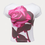 Camiseta casual de verano para mujer con estampado floral, cuello redondo y manga corta