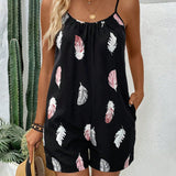 NEW  LUNE Women Feather Print Pleated Vacation Spring/Summer Jumpsuit With Spaghetti Straps