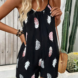 NEW  LUNE Women Feather Print Pleated Vacation Spring/Summer Jumpsuit With Spaghetti Straps