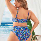 VCAY Conjunto de bikini de talla grande con sujetador y Bottom de bikini con tirantes espaguetis y estampado floral, para verano en la playa