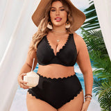 Swim Vcay Conjunto simple de bikini de traje de bano diario para mujer de talla grande en unicolor para playa de verano