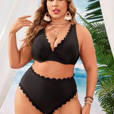 Swim Vcay Conjunto simple de bikini de traje de bano diario para mujer de talla grande en unicolor para playa de verano