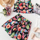 WYWH Conjunto de ropa de mujer para vacaciones con estampado divertido en negro, top de tirantes sin mangas y espalda descubierta y shorts, atuendos casuales