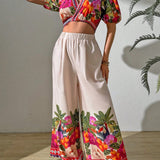 VCAY Conjunto de dos piezas con top corto estilo vacacional y estampado floral con pantalones sueltos para mujer con escote en V