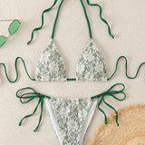 Swim Vcay Conjunto de bikini sexy para mujeres con diseno floral, con atadura de cuello halter y triangulos pequenos (micro triangulo) para vacaciones