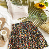 WYWH Conjunto de ropa de verano/playa para mujeres de WYWH, lindo estilo para fiestas con te, top de punto beige de un solo hombro y falda negra de cintura elastica con estampado floral en linea A, 2 piezas