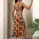 Slayr Conjunto de dos piezas naranja con estampado de coco, top corto y falda larga con abertura alta