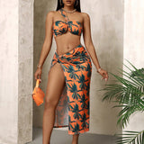 Slayr Conjunto de dos piezas naranja con estampado de coco, top corto y falda larga con abertura alta