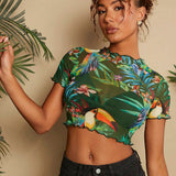 TRVLCHIC Top recortado de punto de verano ajustado, sexy y transparente con estampado de plantas tropicales de malla para mujeres en vacaciones en la playa