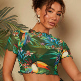 TRVLCHIC Top recortado de punto de verano ajustado, sexy y transparente con estampado de plantas tropicales de malla para mujeres en vacaciones en la playa