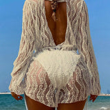 Conjunto de bikini estilo halter de unicolor para la playa de verano con Enterizo de cuello en V semi-transparente