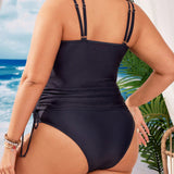 Swim Vcay Conjunto de tankini de moda de verano para mujeres de talla grande con cordon lateral y estampado de letra