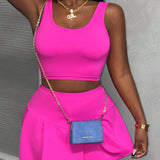 Slayr Conjunto casual de top de tirantes elastizado sin mangas color rosa y falda plisada para mujeres, talla E