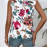 Blusa sin mangas estampada con flores de verano y escote redondo