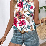 Blusa sin mangas estampada con flores de verano y escote redondo