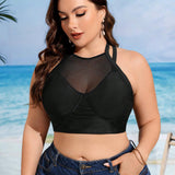 Swim Lushore Top de bikini Halter de malla contrastante para vacaciones de playa de verano para mujeres de talla grande
