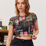 NEW THE BIG BANG THEORY X  Top corto transparente y sexy para mujer con impresion de letras y personajes y detalle de ribete de lechuga para el verano