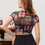 NEW THE BIG BANG THEORY X  Top corto transparente y sexy para mujer con impresion de letras y personajes y detalle de ribete de lechuga para el verano