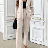 Conjunto informal de chaqueta y pantalon para mujer con cuello de traje y boton sencillo