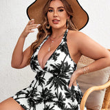 Swim Lushore Conjunto de tankini de cuello halter con estampado de palmeras para mujer de talla grande, estilo de vacaciones de verano en la playa