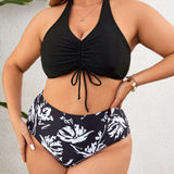 VCAY Conjunto de bikini con estampado de plantas tropicales para mujer de talla grande con cuello halter, cordon delantero y abertura frontal para unas vacaciones en la playa