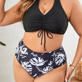 VCAY Conjunto de bikini con estampado de plantas tropicales para mujer de talla grande con cuello halter, cordon delantero y abertura frontal para unas vacaciones en la playa
