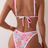 Swim Conjunto de bikini sexy con estampado floral diminuto para mujer para vacaciones en la playa, dos piezas