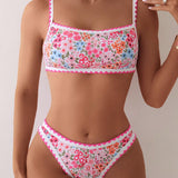 Swim Conjunto de bikini sexy con estampado floral diminuto para mujer para vacaciones en la playa, dos piezas