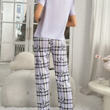Conjunto de pijama con camiConjuntoa de manga corta con estampado de corazon y mariposa, y pantalones largos a cuadros con estampado de mariposas