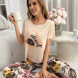 Conjunto de pijama de mujer con estampado de pan frances en letra, top de manga corta y pantalon largo