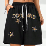 Coolane Shorts de punto, anchos y tejidos con estilo de calle para mujer con patron de letras y leopardo, adecuados para la primavera y el verano